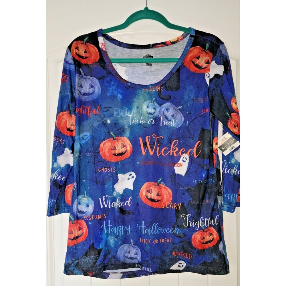 Way To Celebrate Halloween Womens Blue Jack O Lantern Top 3/4 Sleeve Size L New